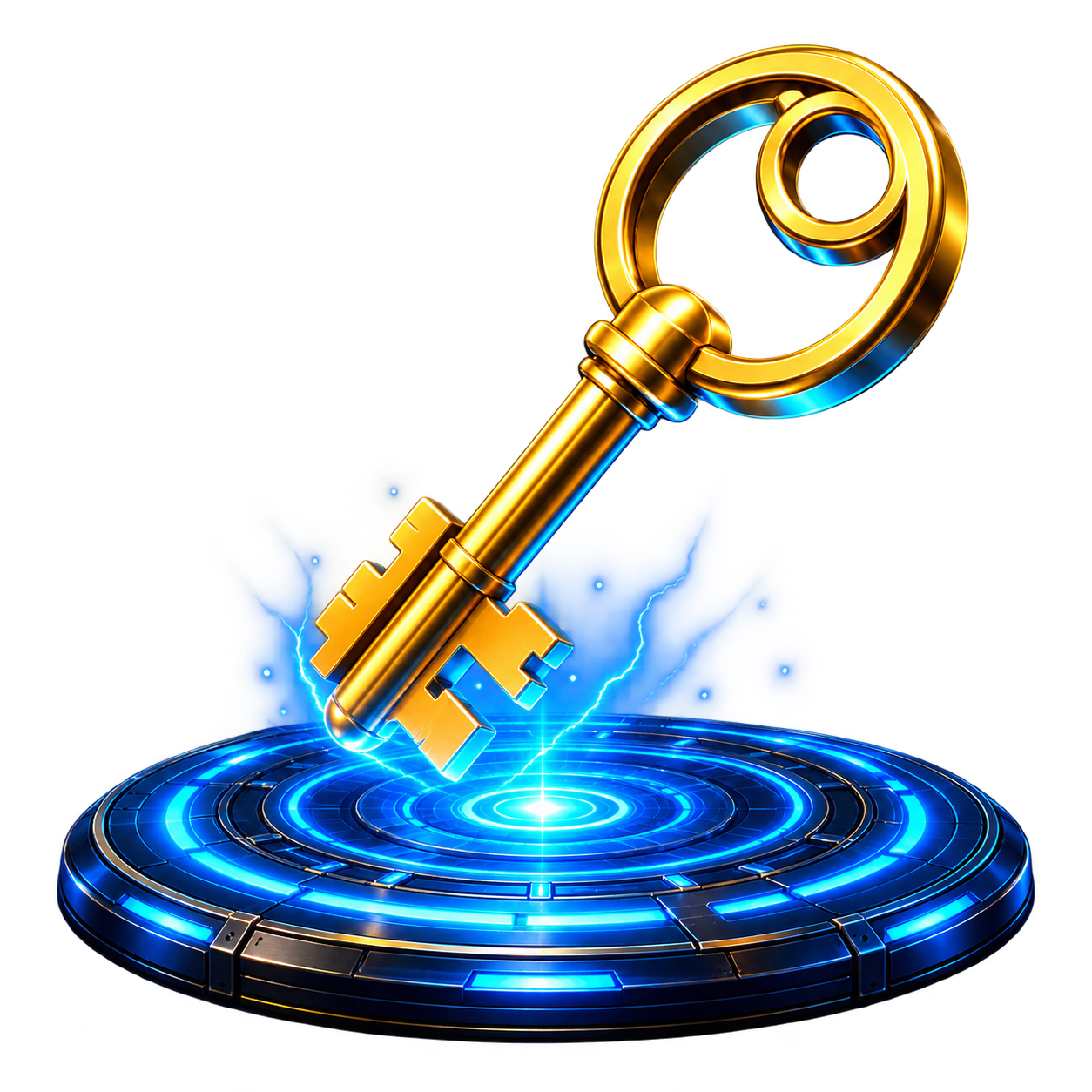 Golden key on a glowing blue portal