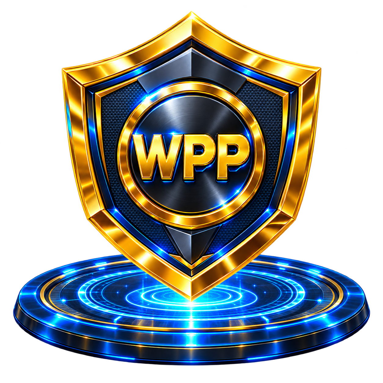 Golden WPP shield on a glowing blue portal