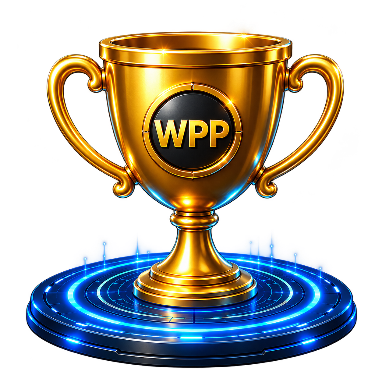 Golden WPP trophy on a glowing blue portal