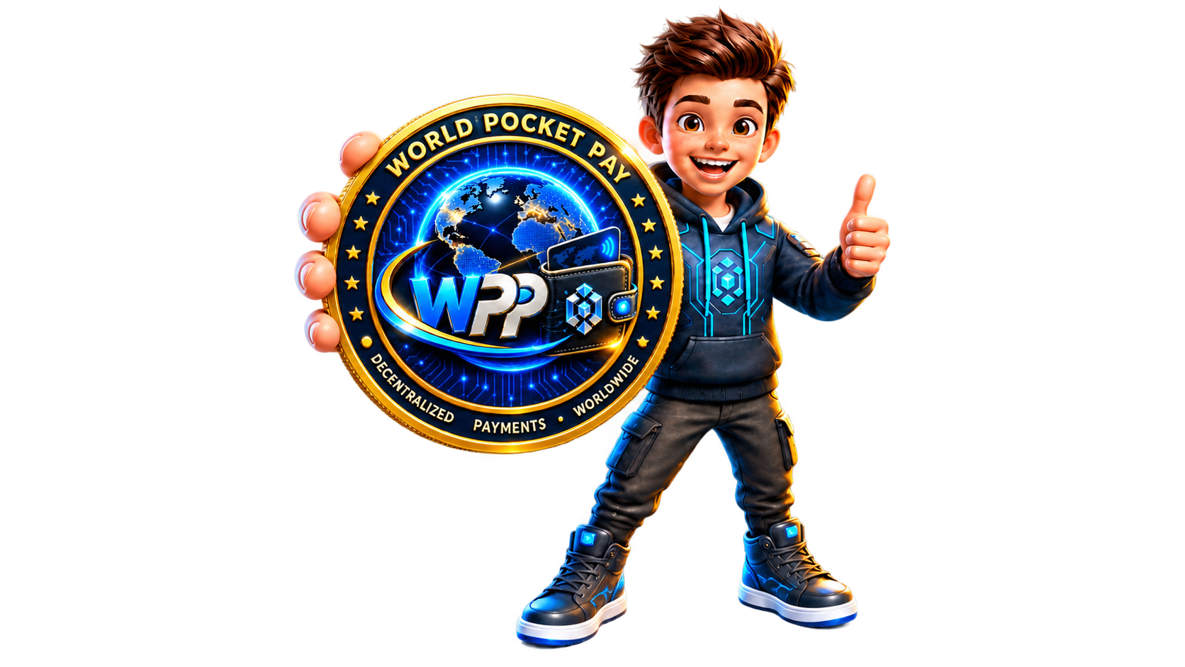 Cheerful World Pocket Pay mascot holding a glowing WPP coin